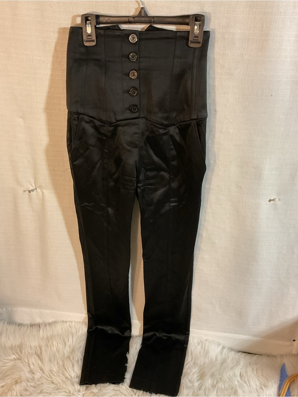 Bebe High-Waist Button Front Black Satin Pants